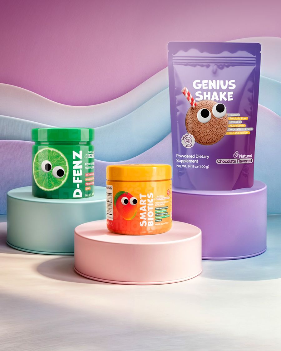 Einstein Kids D-Fenz, Smart Biotics and Genius Shake on pastel pedestals