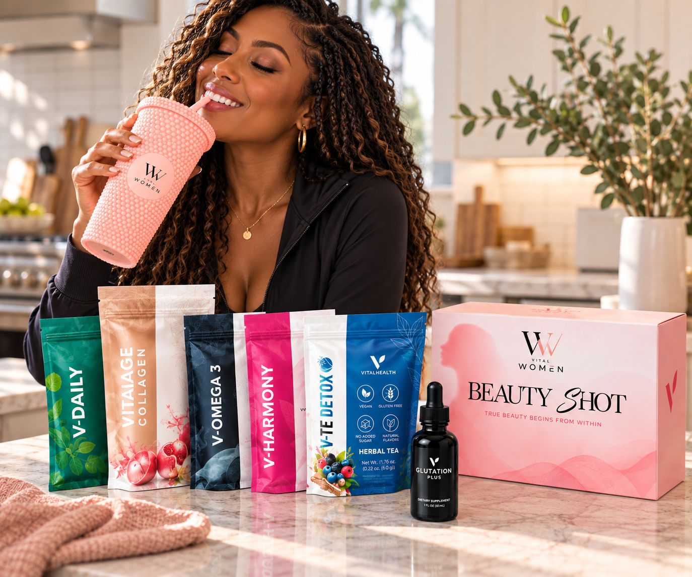 A smiling woman sips from a pink tumbler behind a lineup of Vital Health products: V-Daily, Vitalage Collagen, V-Omega 3, V-Harmony, V-Te Detox and Glutation Plus.