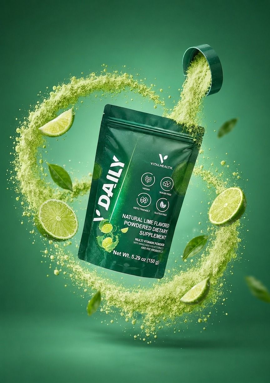 V Daily lime-flavored multivitamin powder pouch with a swirl of green powder and lime slices