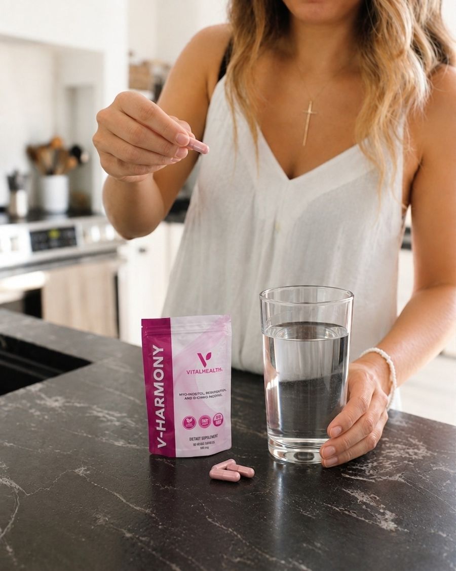 A woman takes a V-Harmony capsule beside the pouch and a glass of water